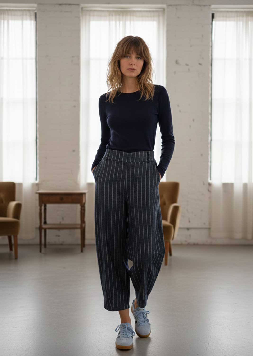 pinstripe indigo barrel pants 