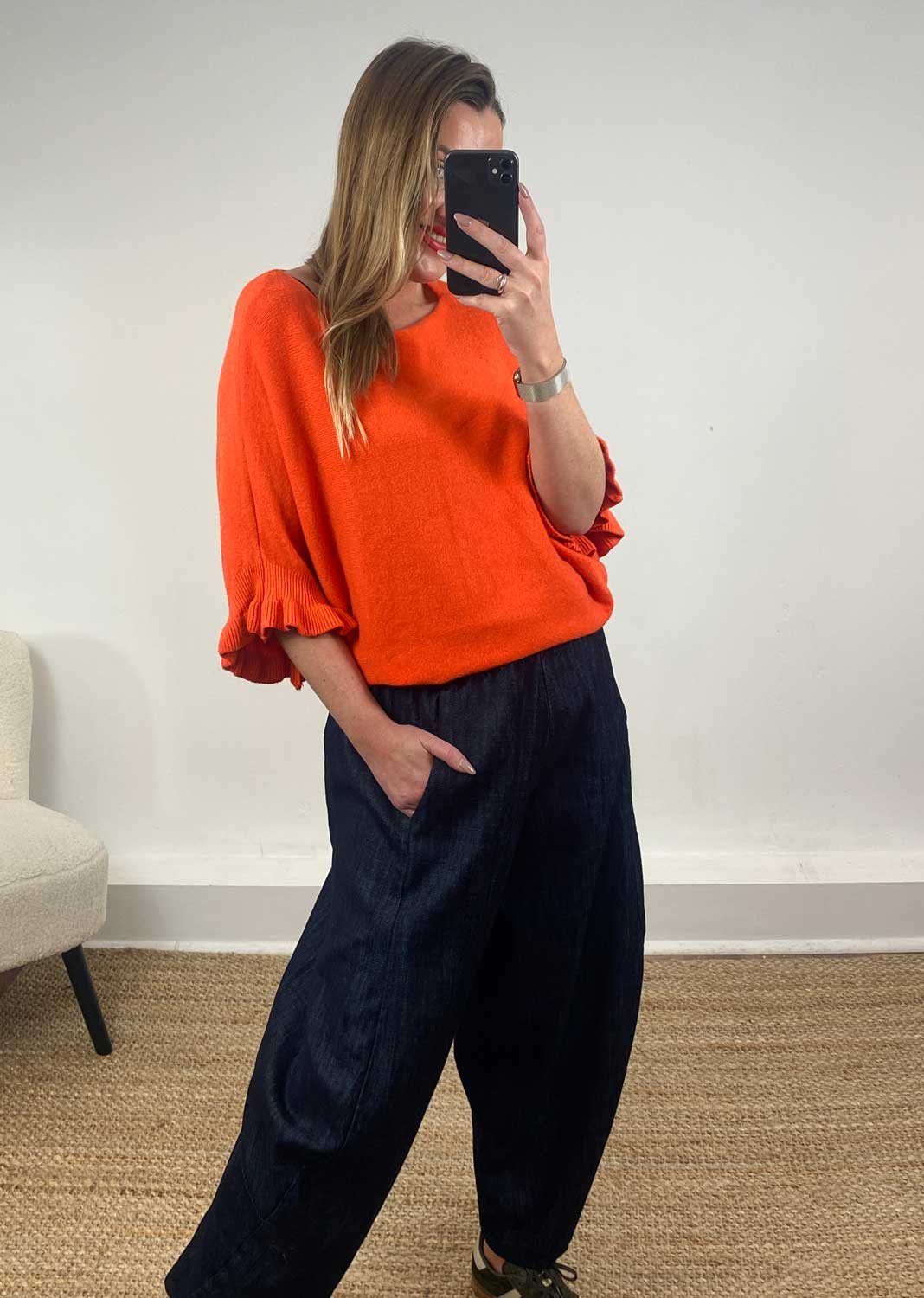 Marian Frill Sleeve Knit Top in Orange