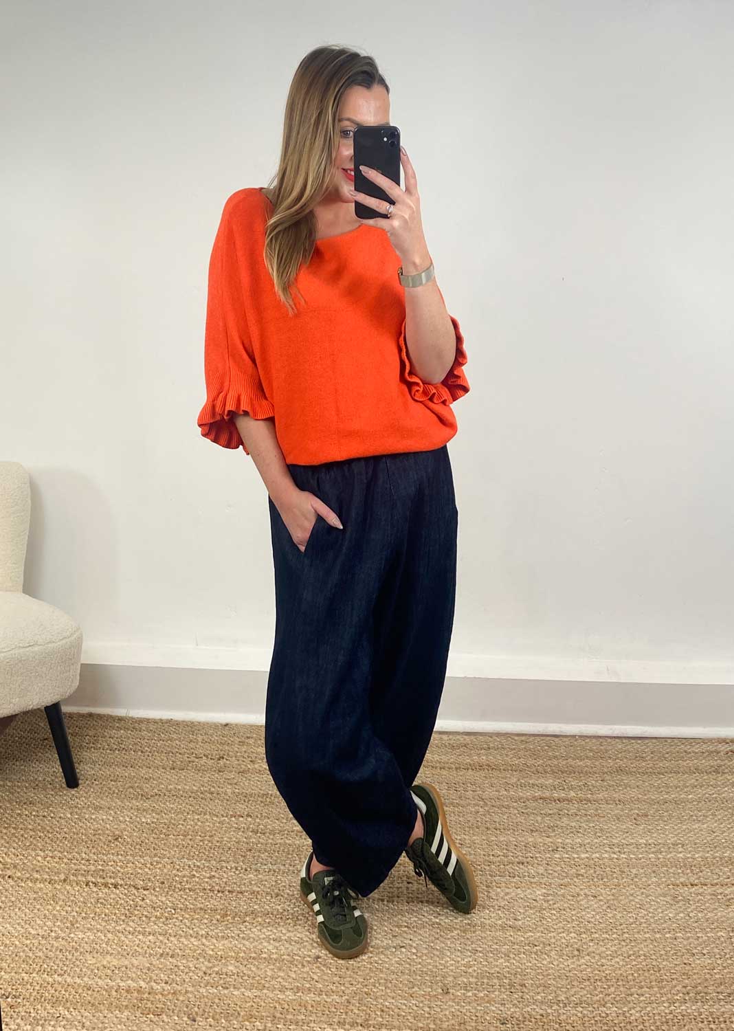 Marian Frill Sleeve Knit Top in Orange