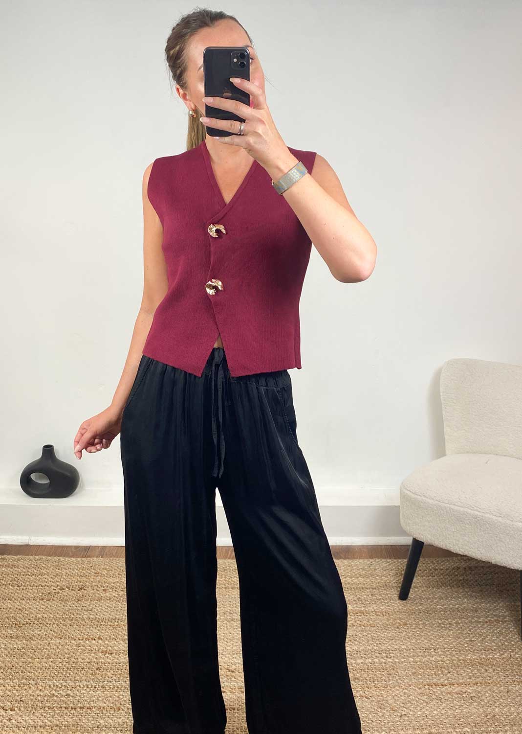 Gaelle Gold Button Knit Waistcoat in Burgundy