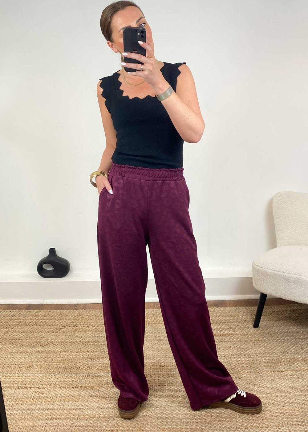 Burgundy leopard wide leg trousers with elasticated waist and pockets 
