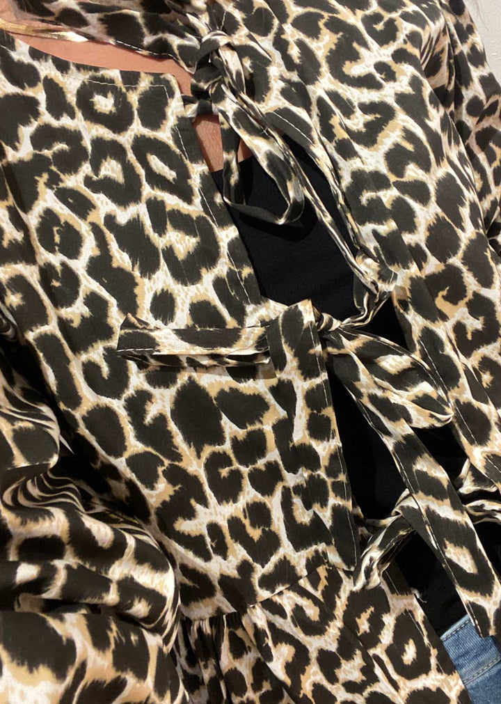 Gabrielle Leopard Tie Front Blouse in Cream