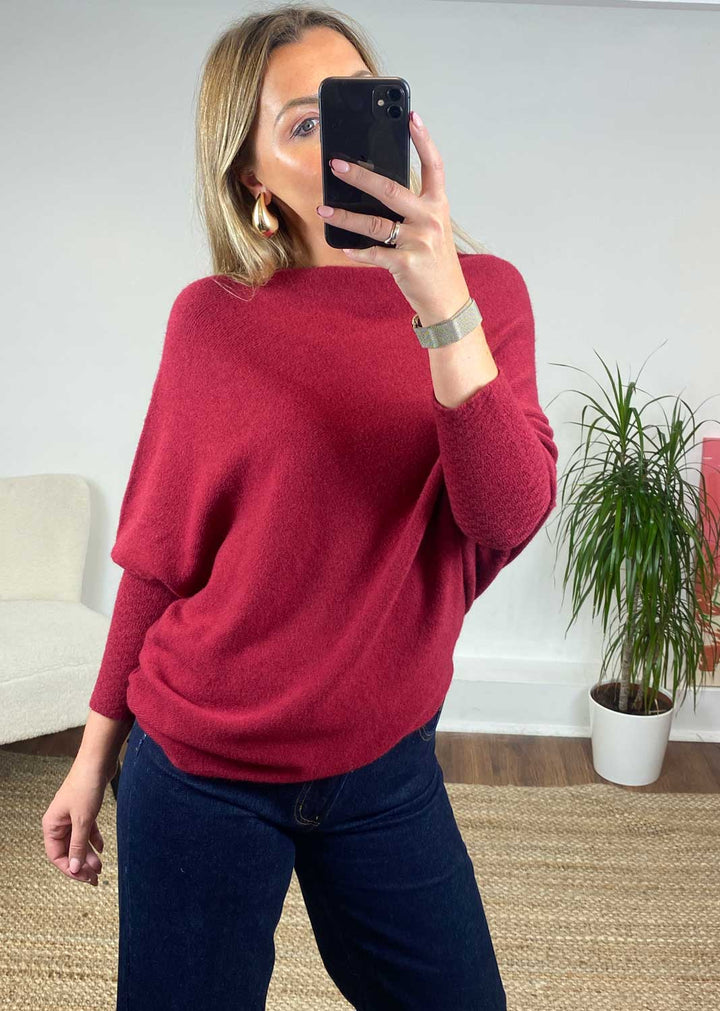 Grace Asymmetric Knit Jumper in Ruby Red