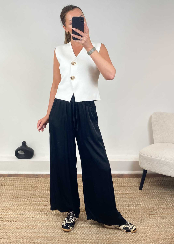 Gaelle Gold Button Knit Waistcoat  Ivory