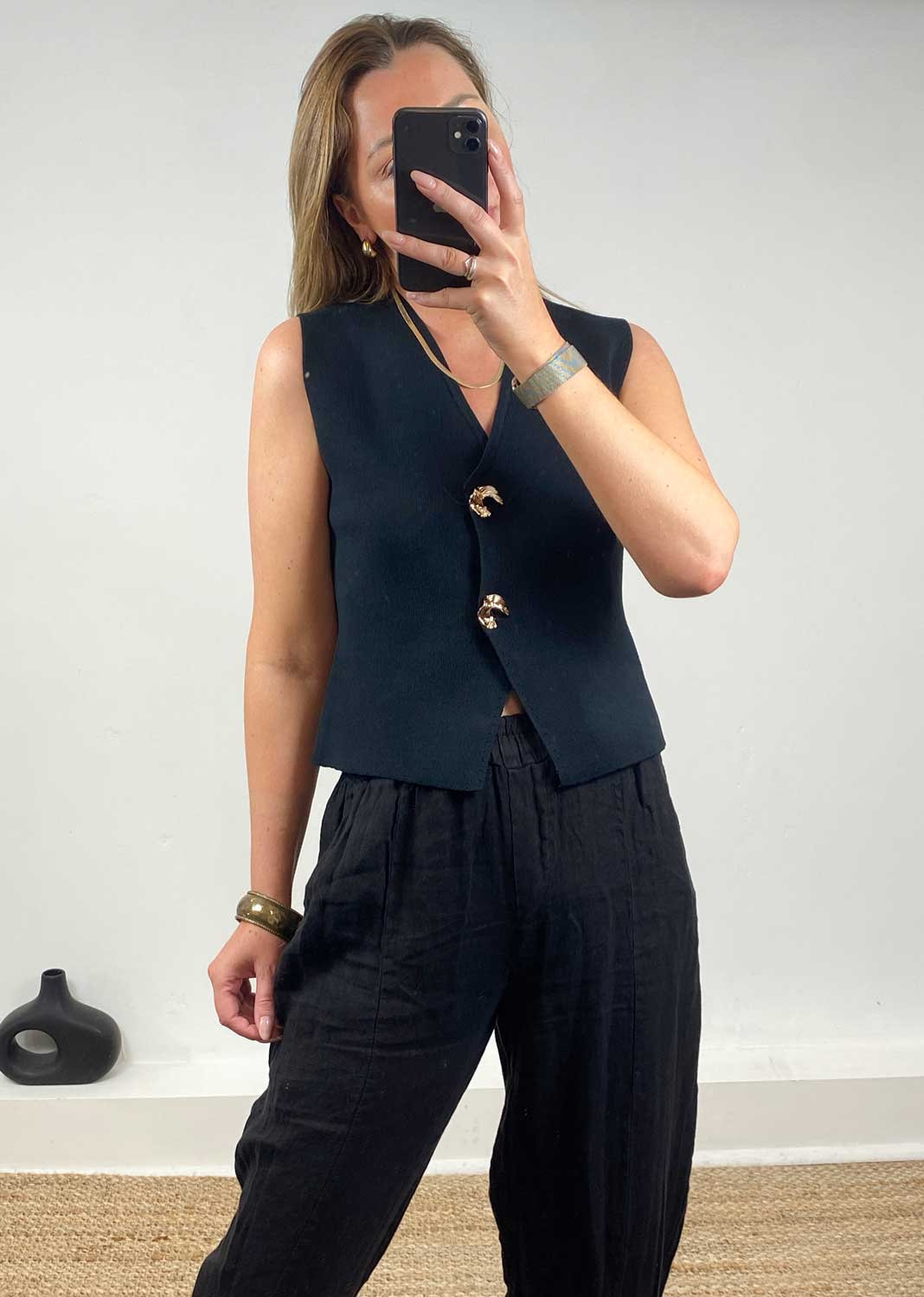 Gaelle Gold Button Knit Waistcoat in Black
