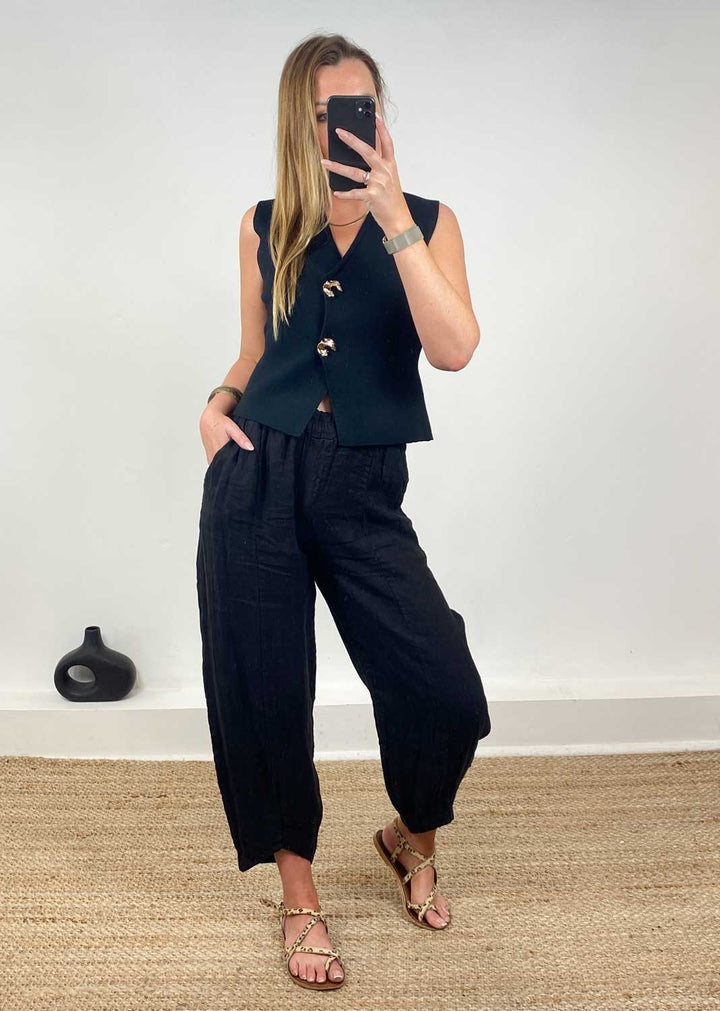 Gaelle Gold Button Knit Waistcoat in Black