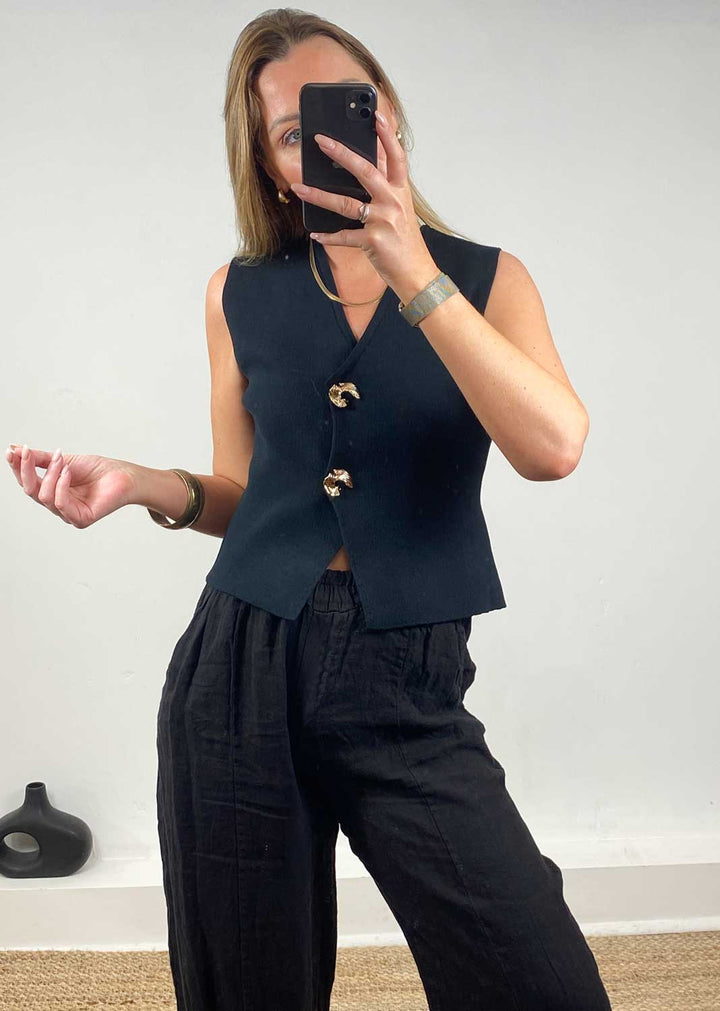 Gaelle Gold Button Knit Waistcoat in Black