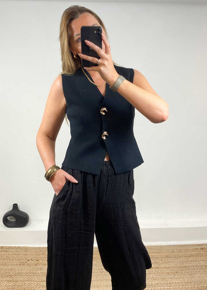 Gaelle Gold Button Knit Waistcoat in Black