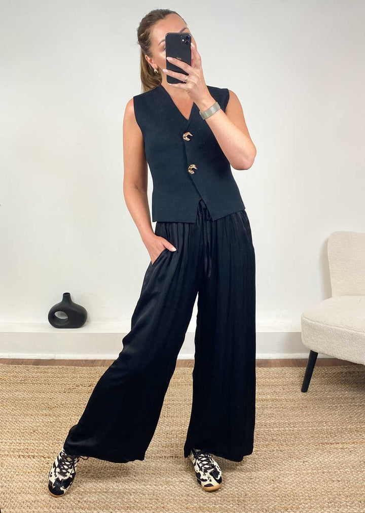 Gaelle Gold Button Knit Waistcoat in Black