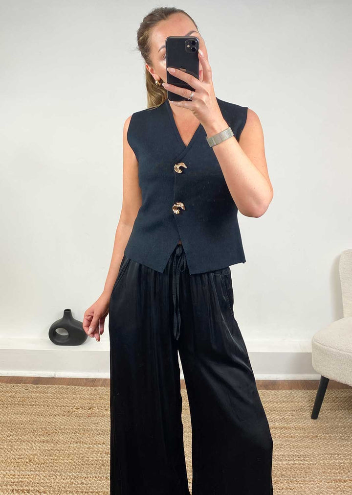 Gaelle Gold Button Knit Waistcoat in Black