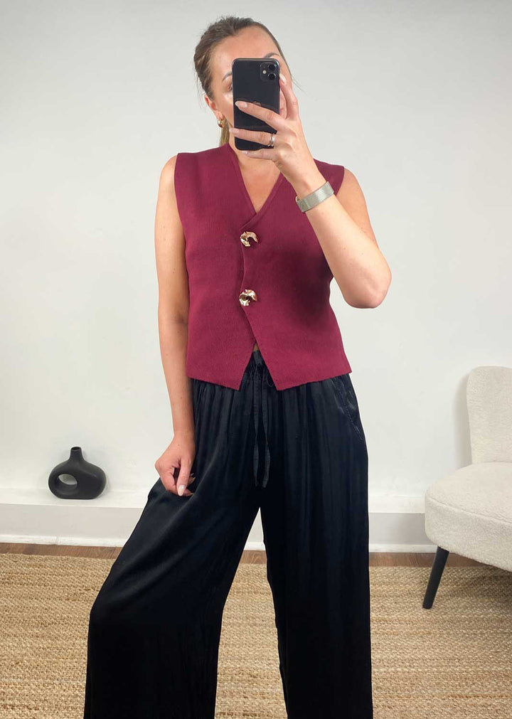 Gaelle Gold Button Knit Waistcoat in Burgundy