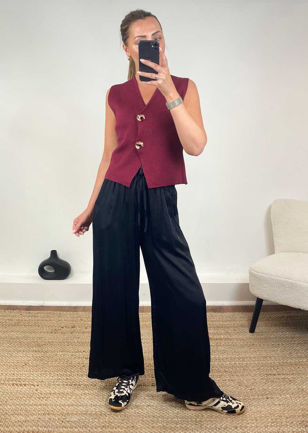 Gaelle Gold Button Knit Waistcoat in Burgundy