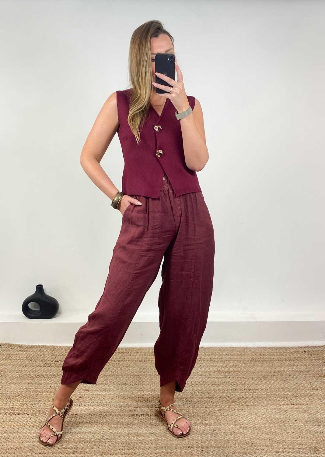 Gaelle Gold Button Knit Waistcoat in Burgundy