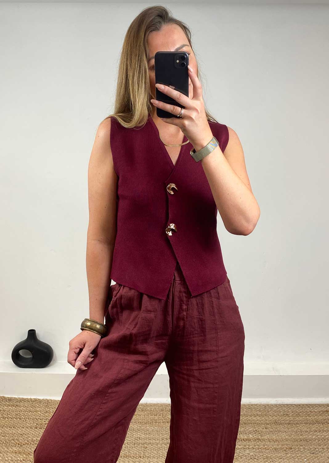 Gaelle Gold Button Knit Waistcoat in Burgundy