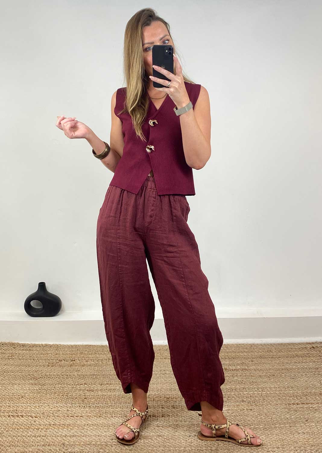 Gaelle Gold Button Knit Waistcoat in Burgundy