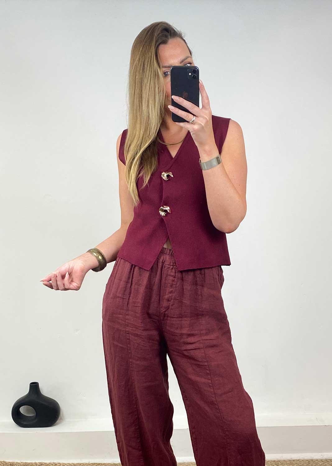 Gaelle Gold Button Knit Waistcoat in Burgundy