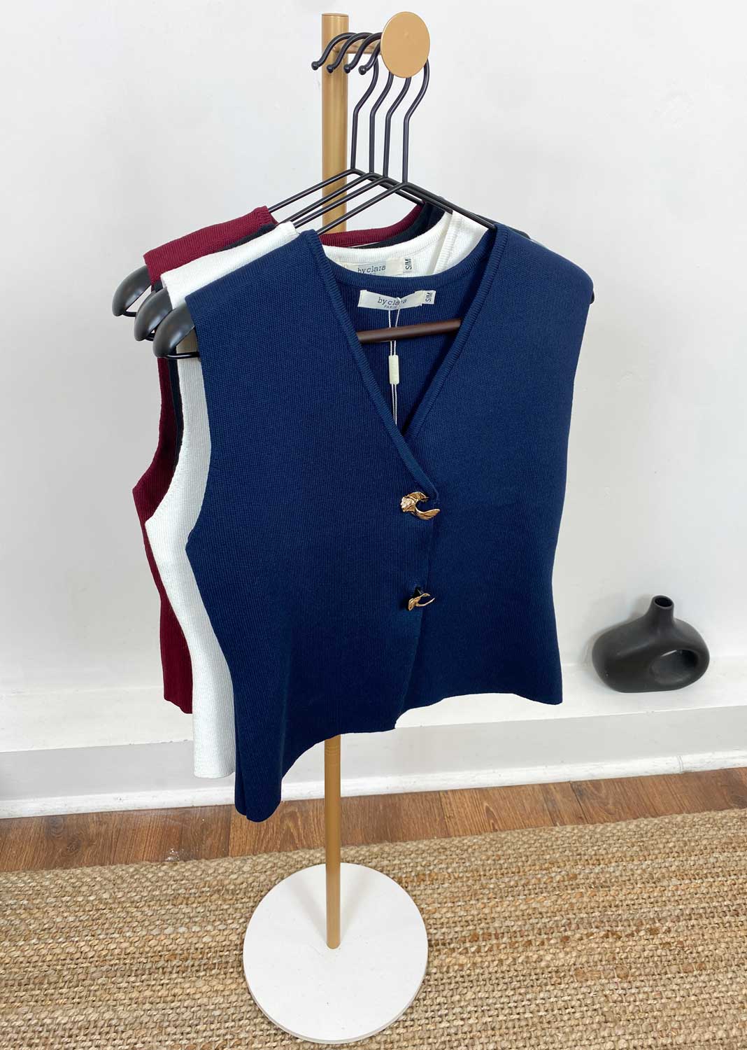 Gaelle Gold Button Knit Waistcoat  Ivory