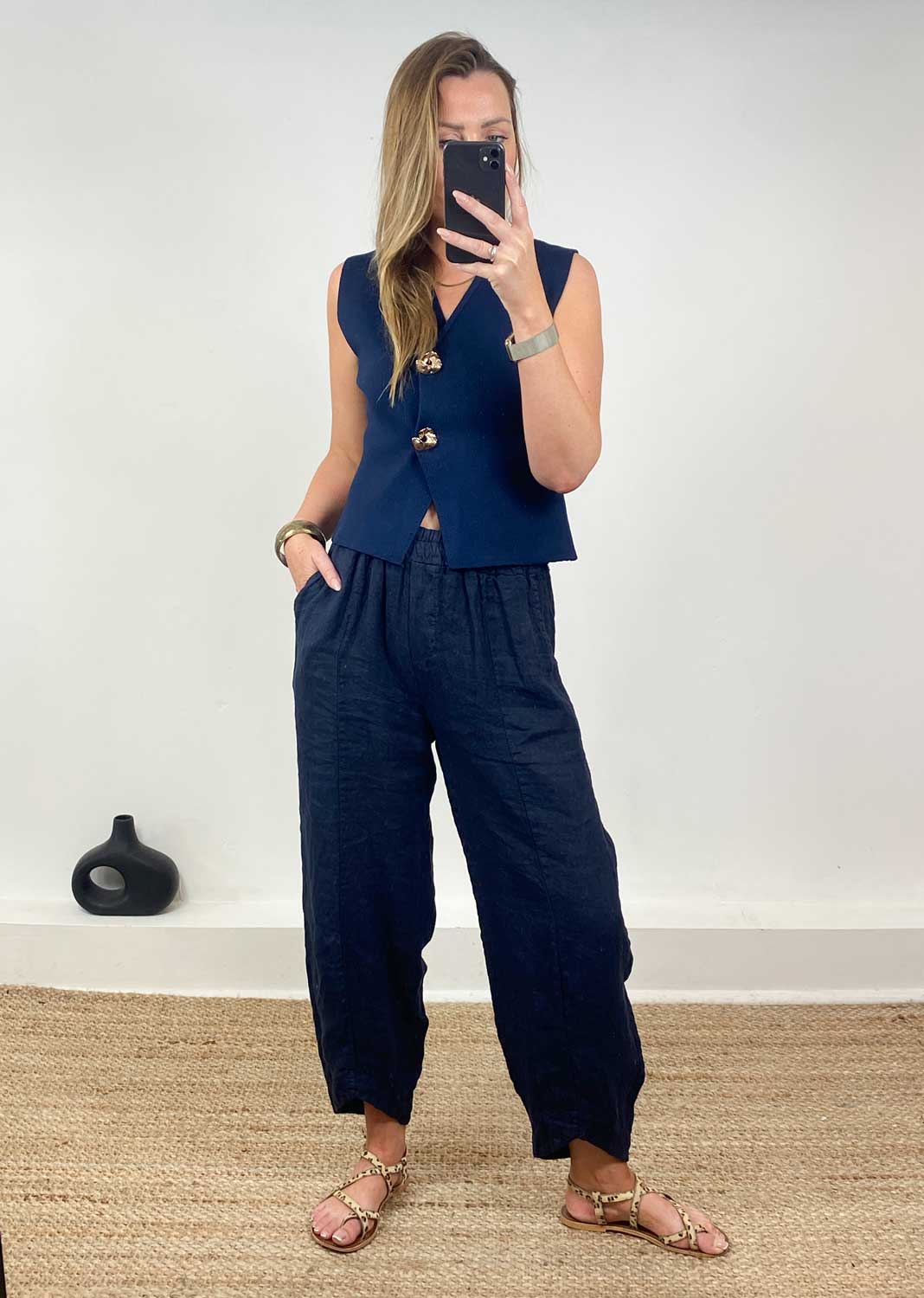 Keisha Linen Barrel Pants in Navy