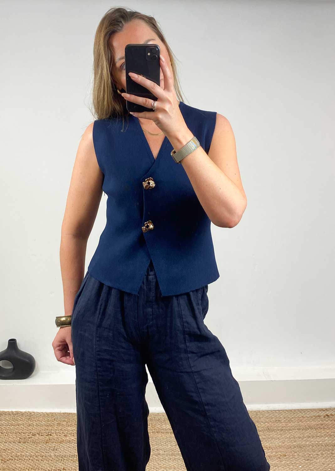 Gaelle Gold Button Knit Waistcoat in Navy