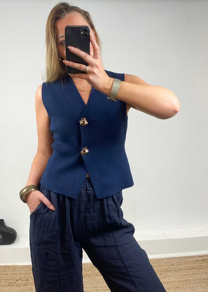 Gaelle Gold Button Knit Waistcoat in Navy
