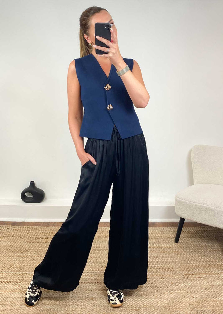 Gaelle Gold Button Knit Waistcoat in Navy