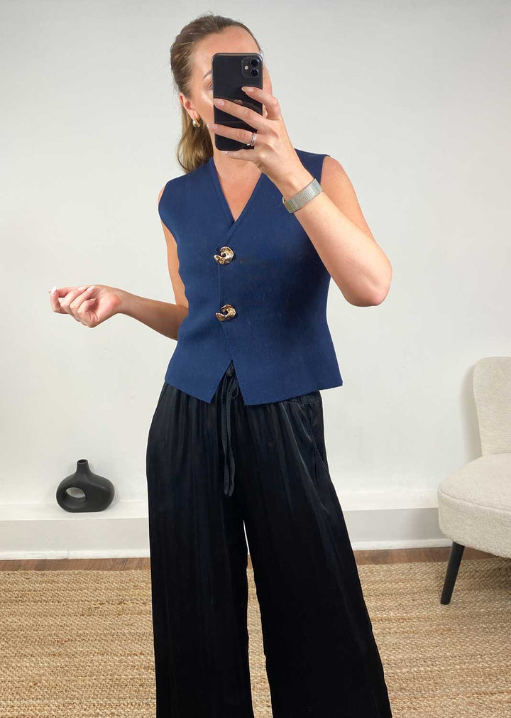 Gaelle Gold Button Knit Waistcoat in Navy