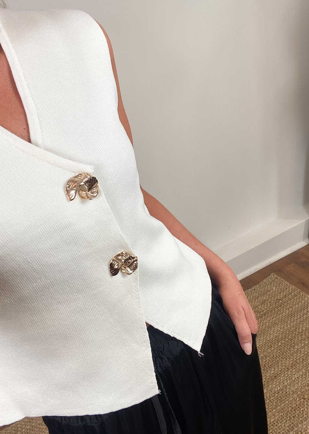 Gaelle Gold Button Knit Waistcoat  Ivory