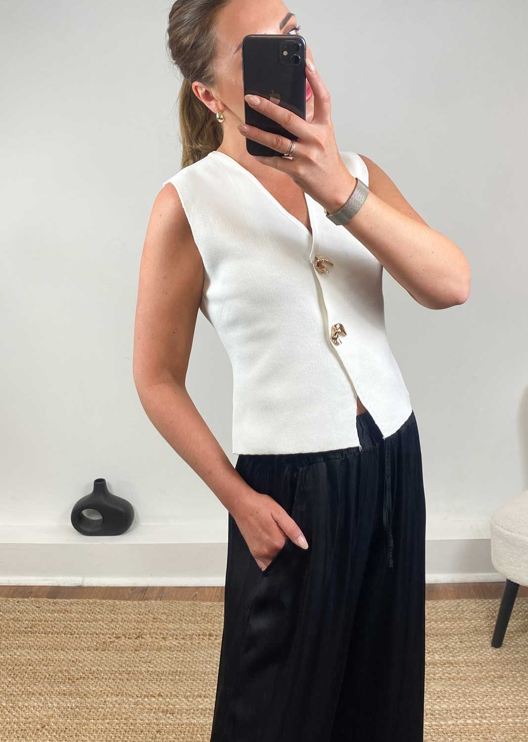 Gaelle Gold Button Knit Waistcoat  Ivory