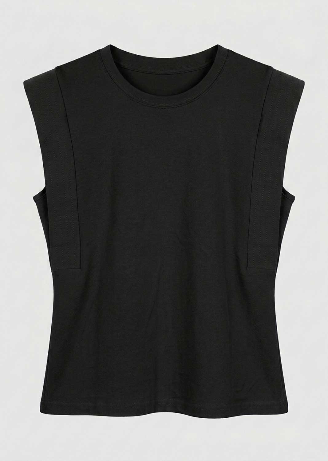 A black sleeveless crop top with a crew neck, displayed flat against a light gray background.