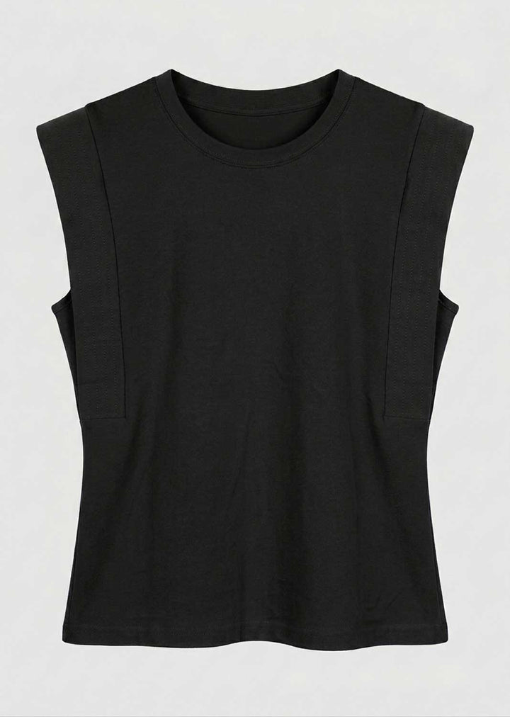A black sleeveless crop top with a crew neck, displayed flat against a light gray background.