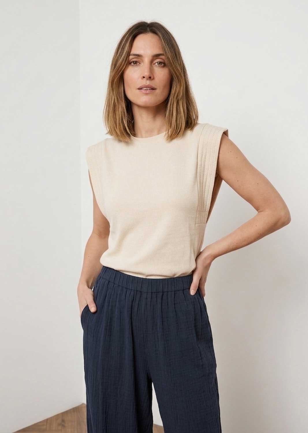 Genevieve Cream Extended Shoulder Tshirt
