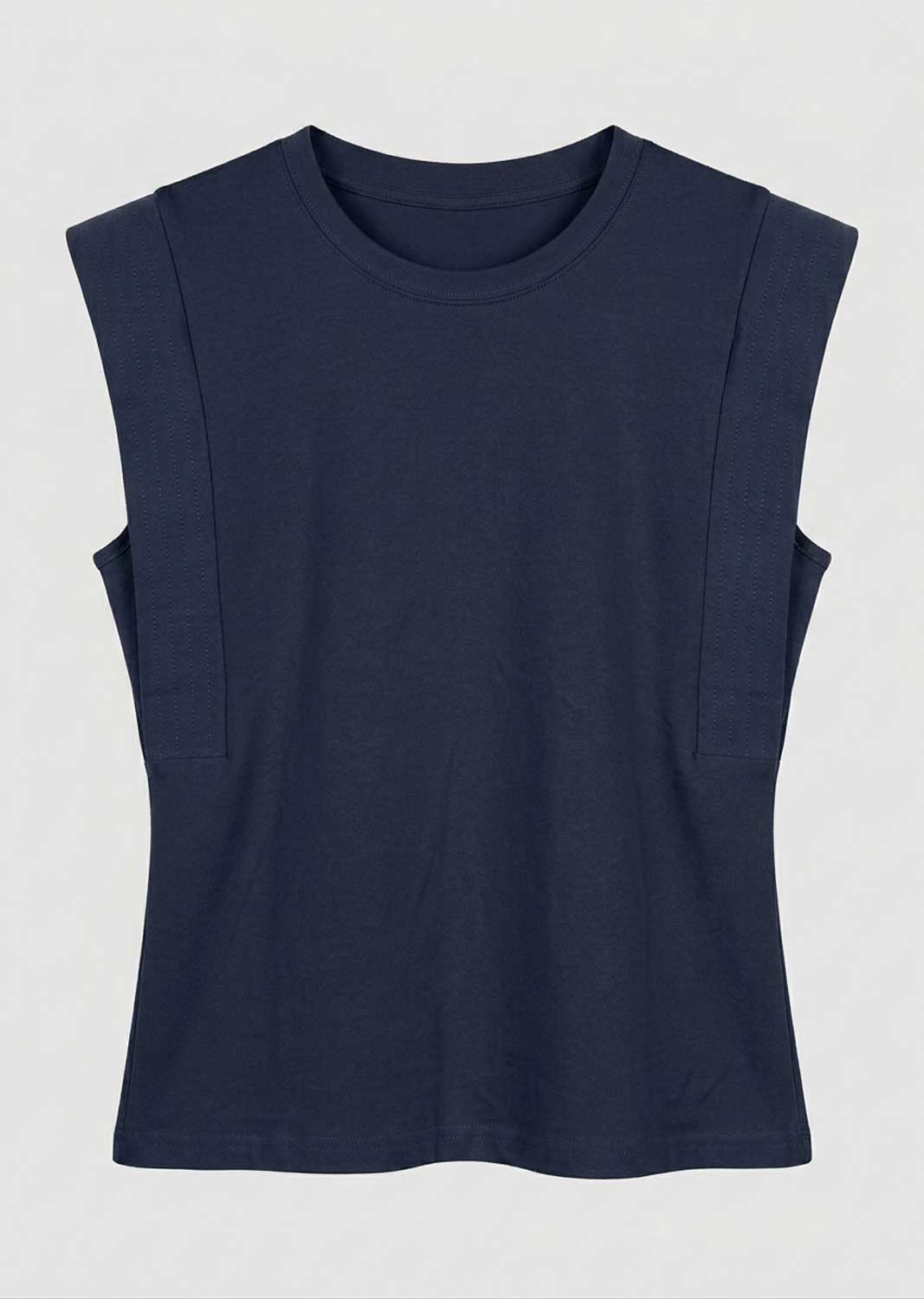 A dark navy blue sleeveless crop top with a crew neck, displayed flat against a light gray background.