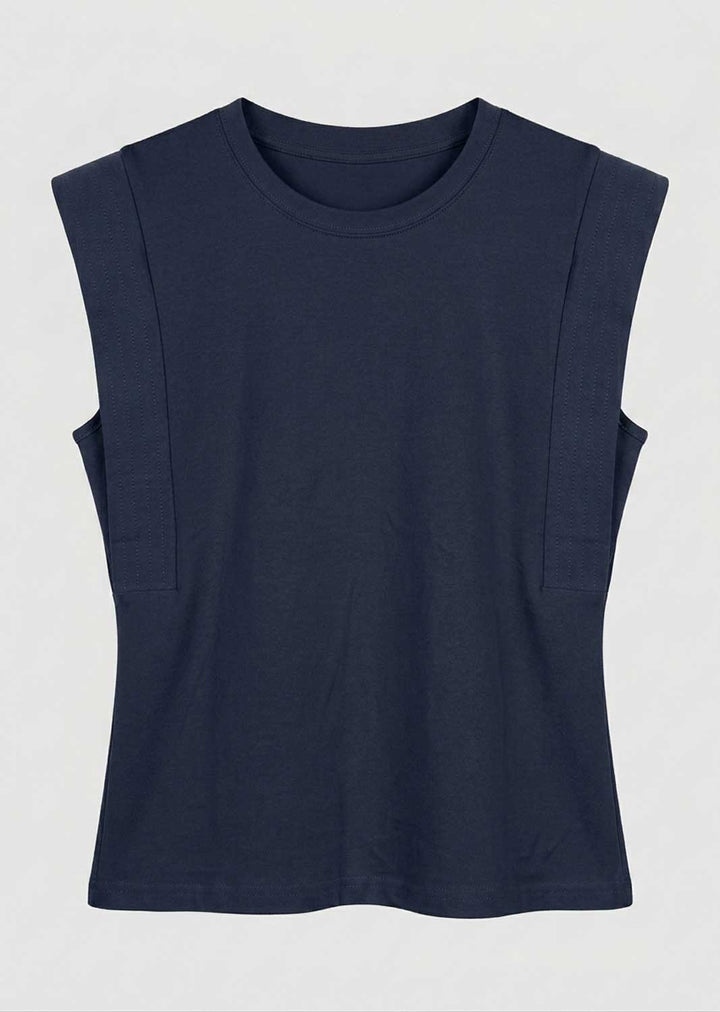 A dark navy blue sleeveless crop top with a crew neck, displayed flat against a light gray background.