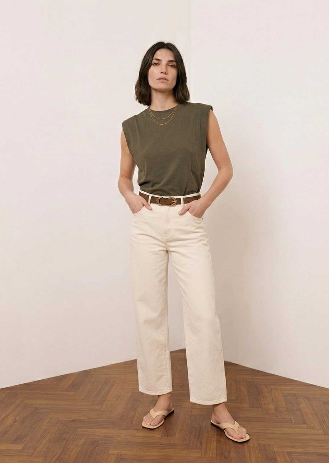 Genevieve Khaki Extended Shoulder Tshirt