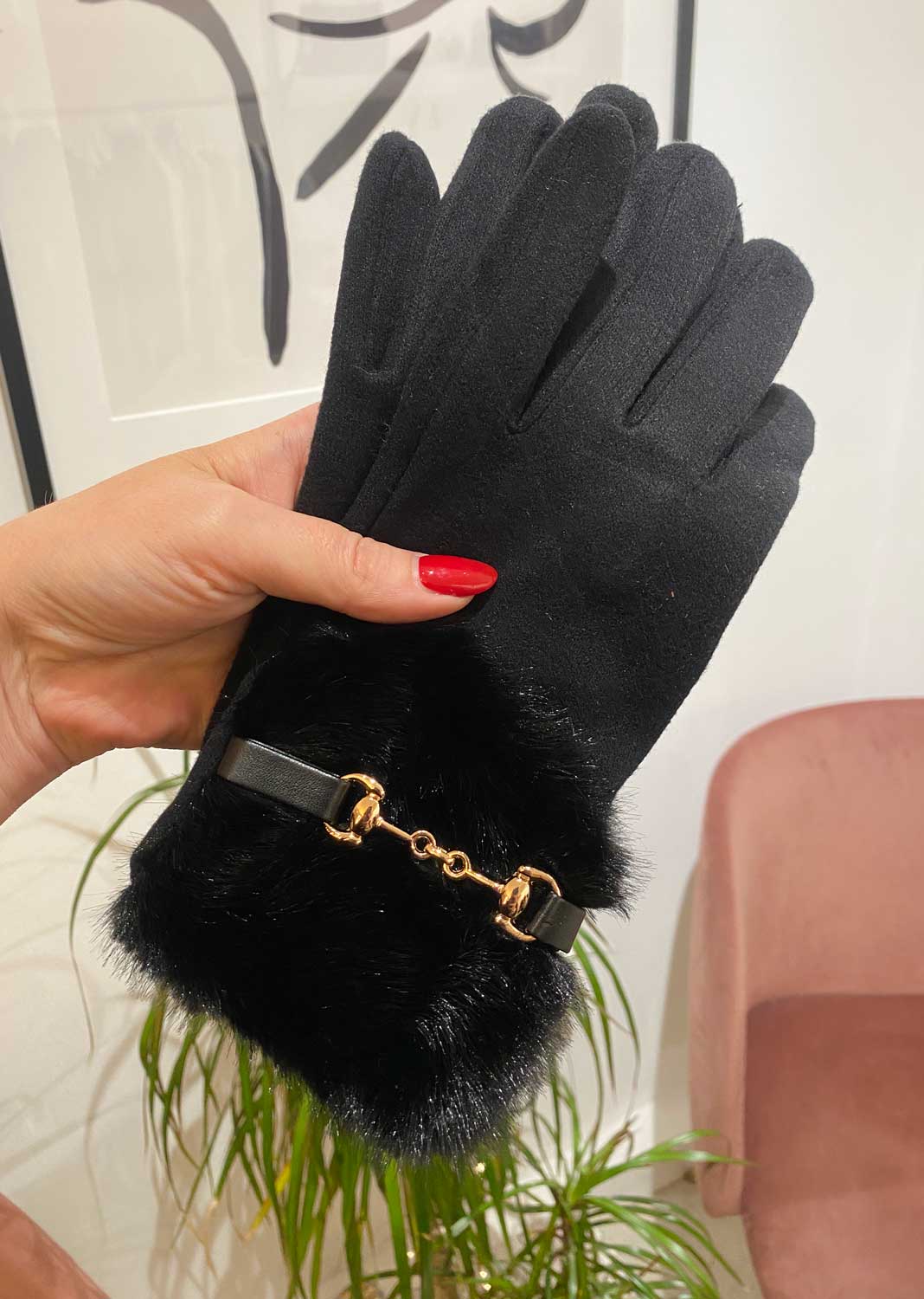 fur trim cashmere blend gloves black