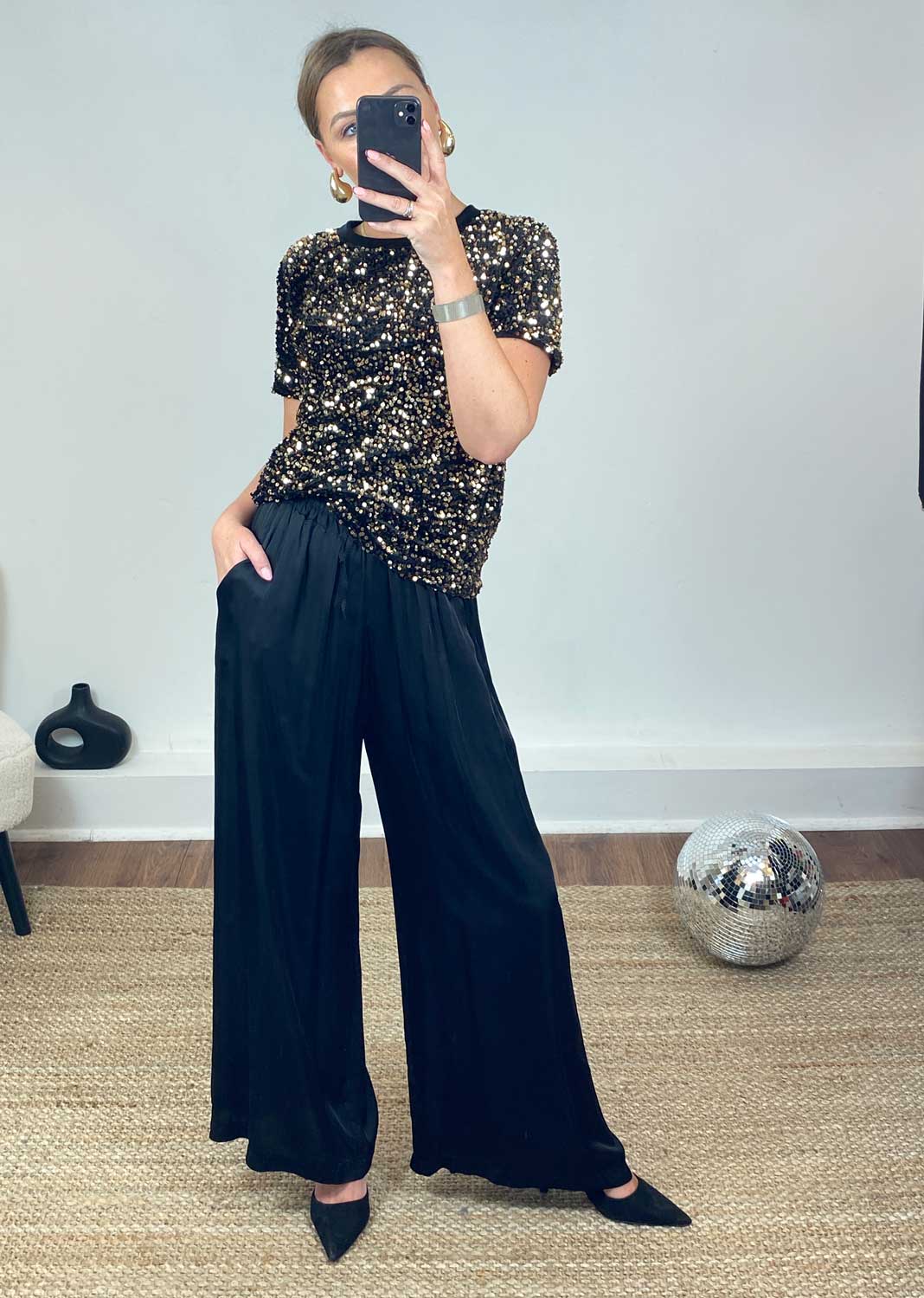 Brooke Silky Tie Waist Pants in Black