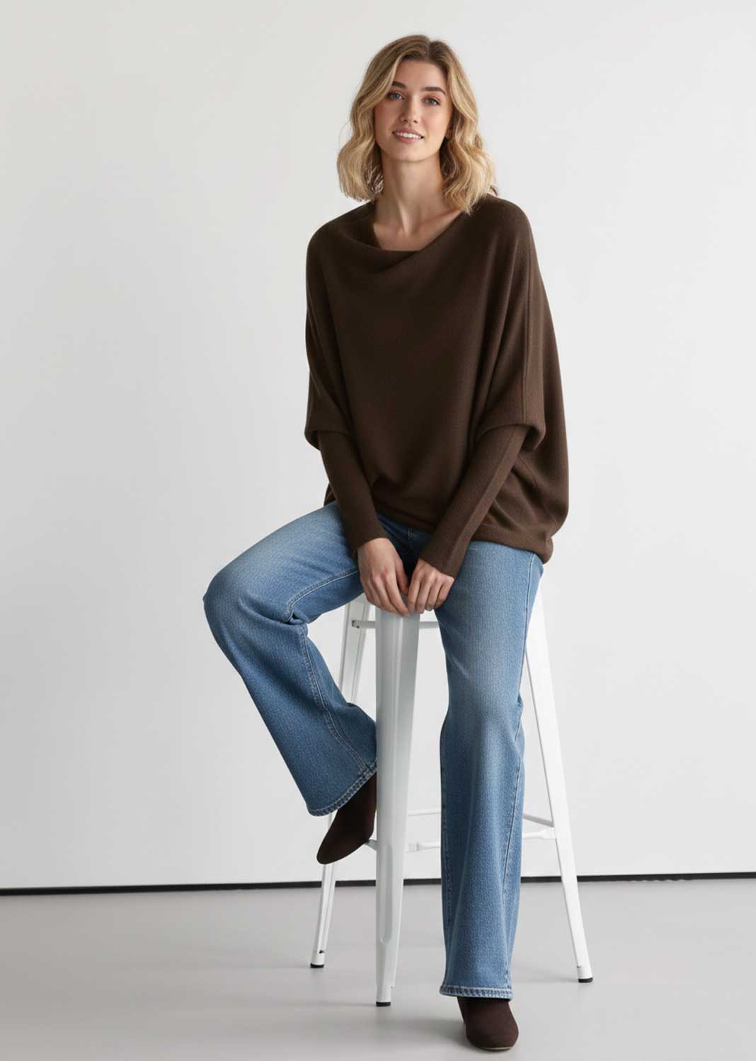 Grace  Asymmetric Knit Jumper in Chocolate Brown