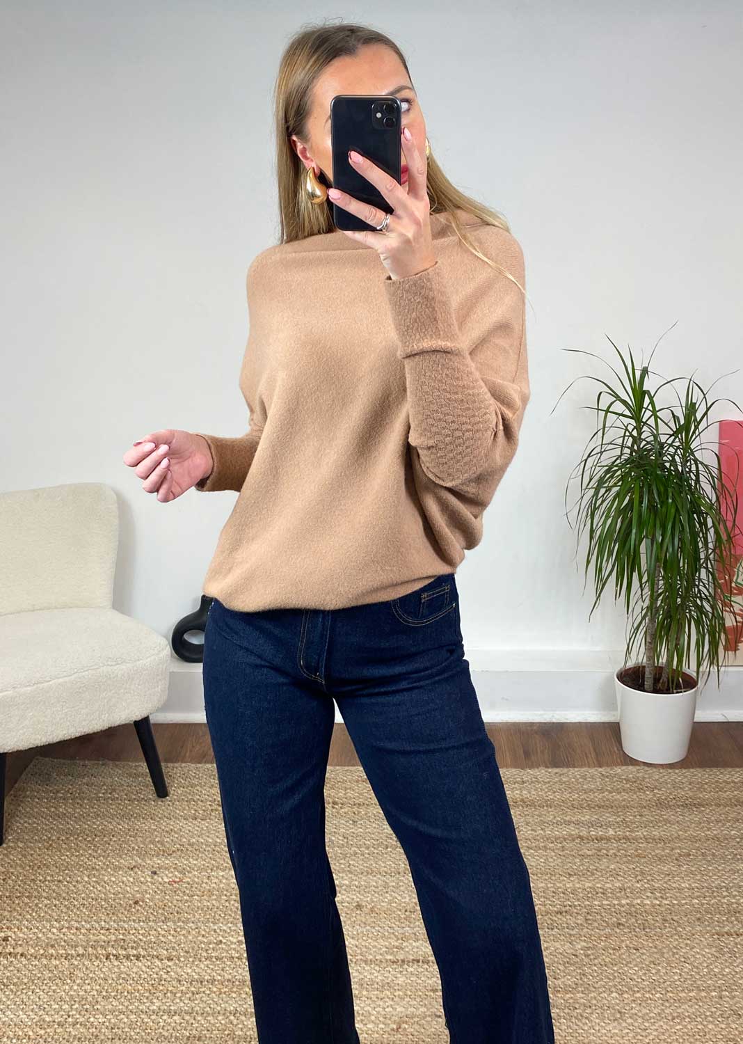 Grace Asymmetric Knit Jumper in Camel