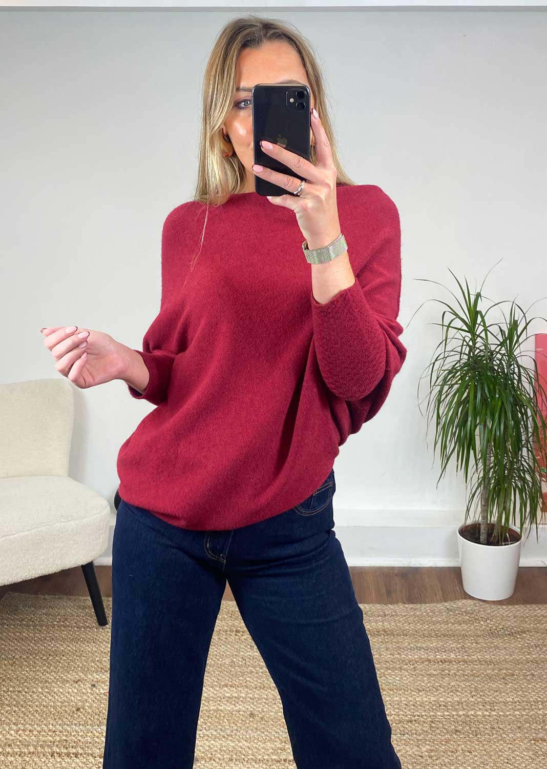 Grace Asymmetric Knit Jumper in Ruby Red