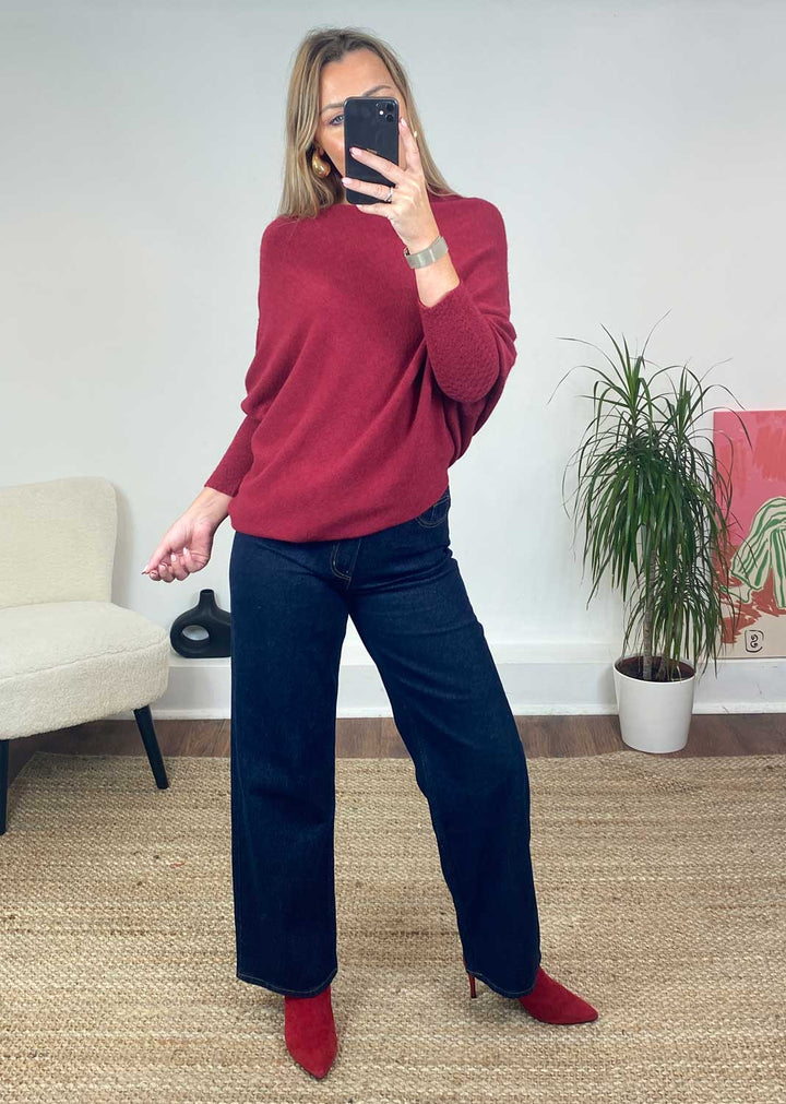 Grace Asymmetric Knit Jumper in Ruby Red