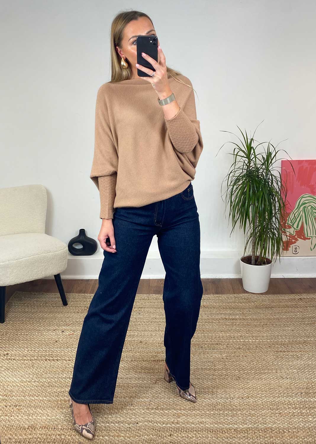 Grace Asymmetric Knit Jumper in Camel