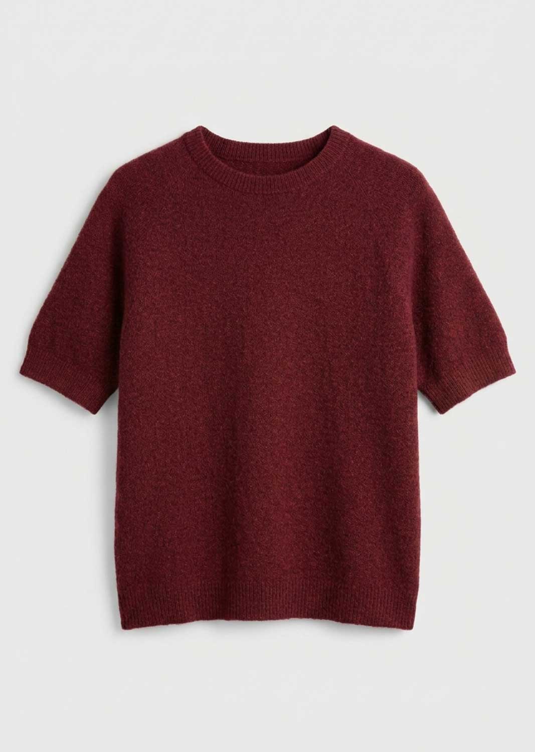 A short-sleeve crewneck knit sweater in a deep burgundy red, displayed flat against a light gray background.