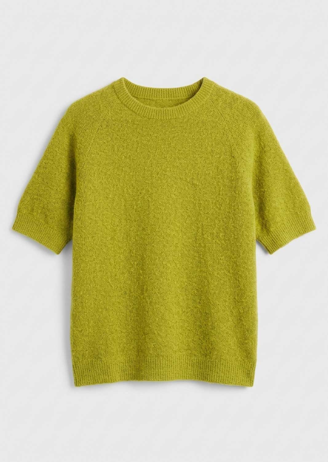 A short-sleeve crewneck knit sweater in a textured olive green color, displayed flat against a light gray background.