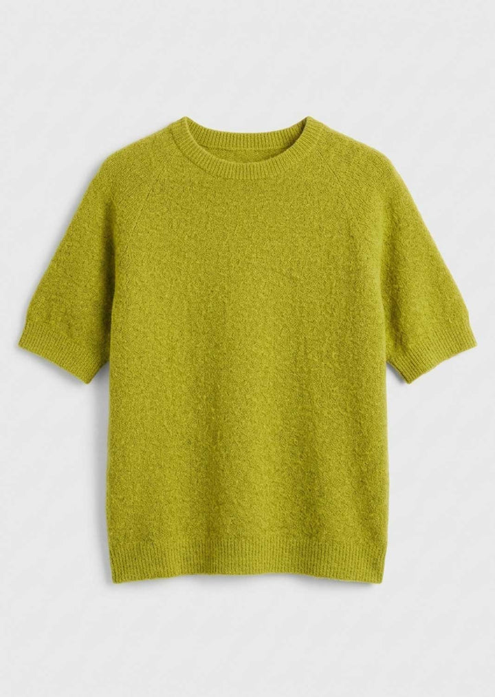 A short-sleeve crewneck knit sweater in a textured olive green color, displayed flat against a light gray background.