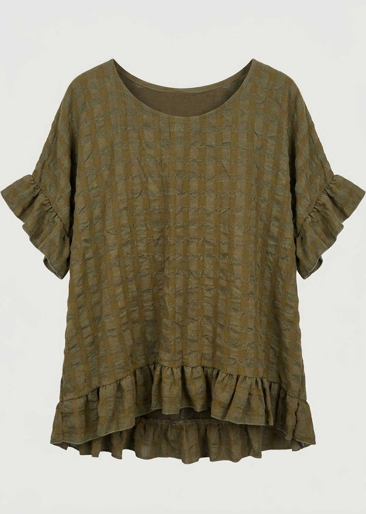 An olive green seersuker textured top with a subtle grid pattern, featuring short ruffled sleeves and a ruffled hem, displayed against a light gray background.
