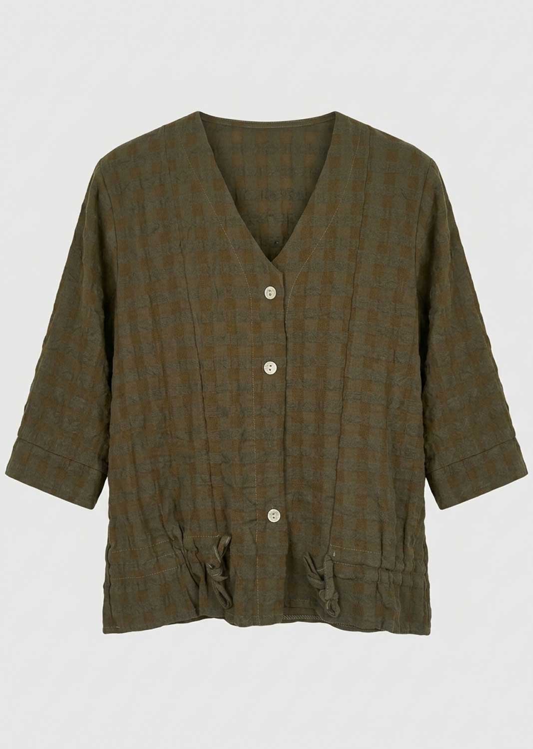 An olive green textured button-up cardigan with a V-neck, 3/4 sleeves, and drawstring ties at the hem, shown against a light gray background.