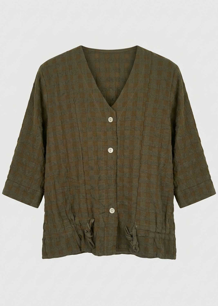 An olive green textured button-up cardigan with a V-neck, 3/4 sleeves, and drawstring ties at the hem, shown against a light gray background.