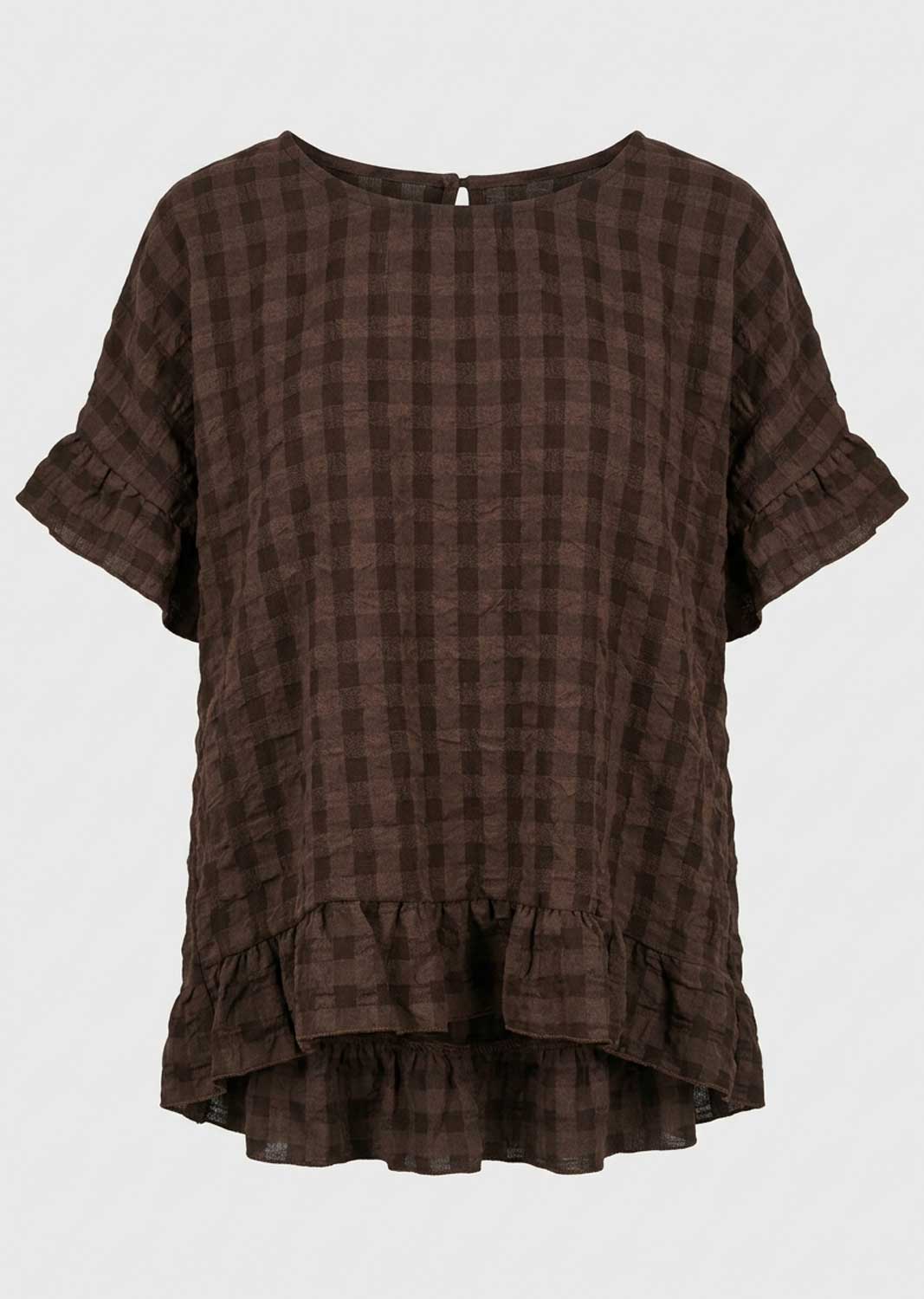 A dark brown checkered short-sleeve top with ruffled details, displayed against a light gray background.
