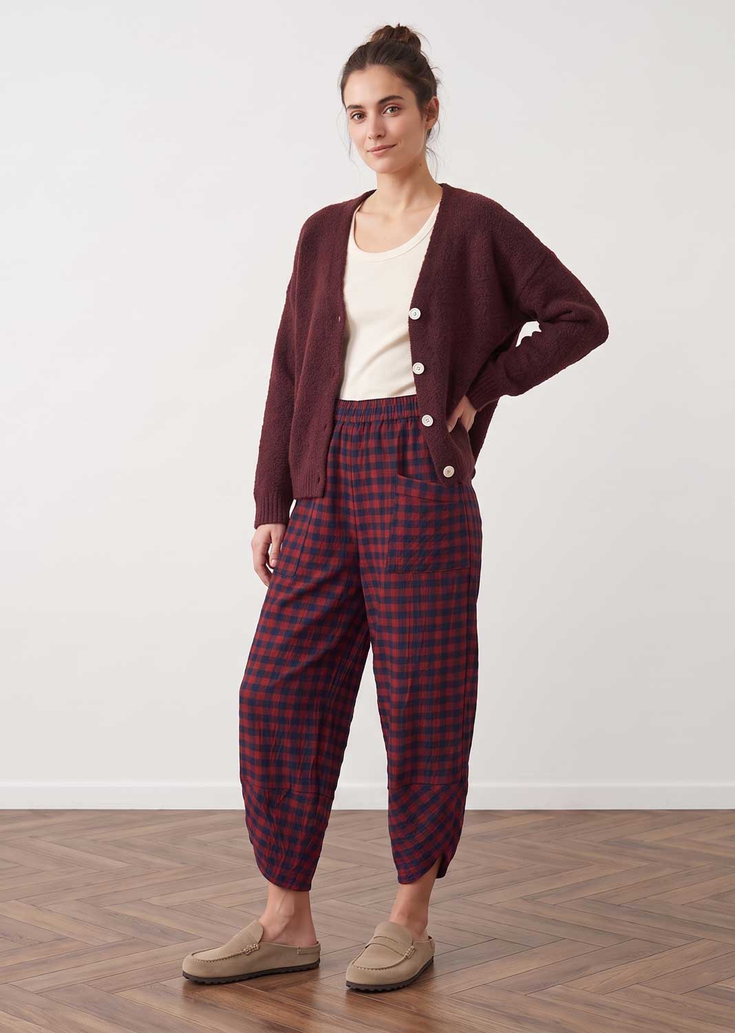 Bronte Burgundy Checked Pocket Barrel Pants