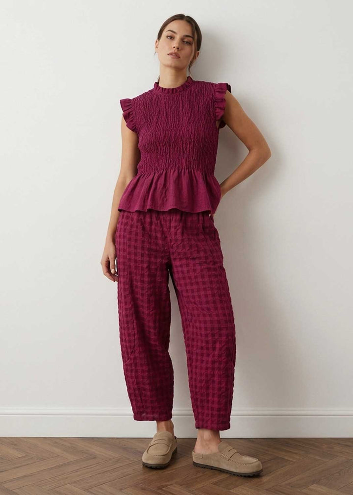 Hattie Burgundy Checked Black Barrel Leg Pants